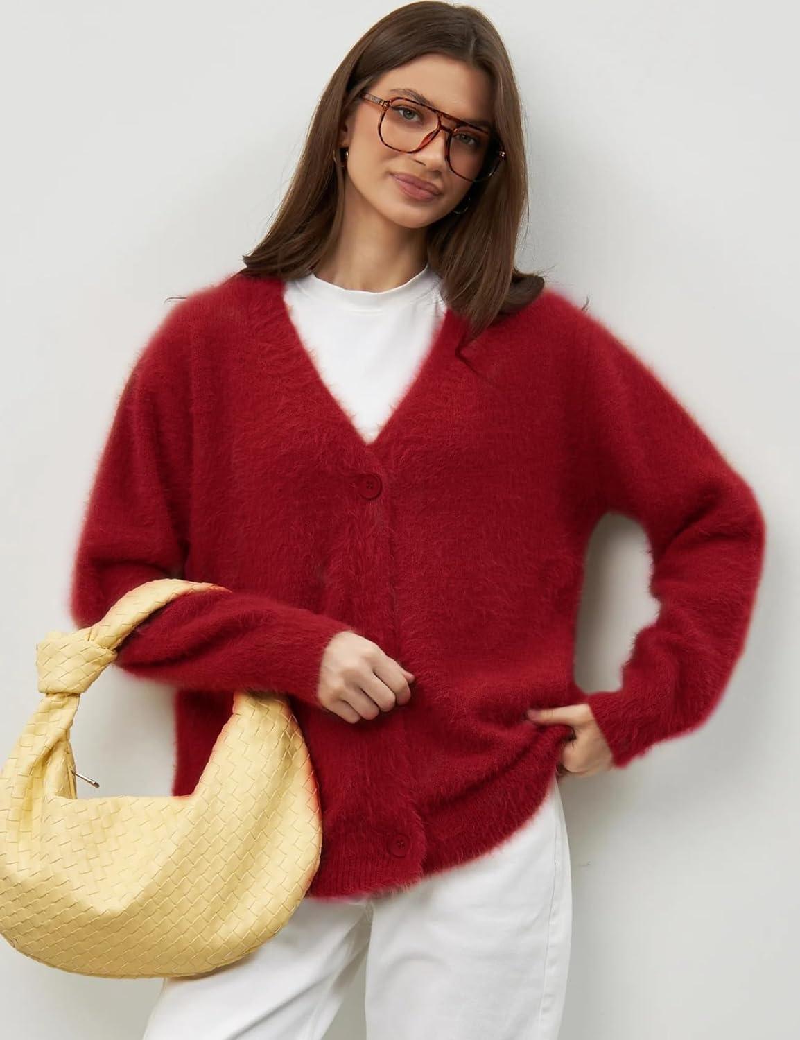 Arssm Womens Fuzzy Cardigan Sweater V Neck Cardigans Button Down Fluffy Knit Top Fashion 2026 Knitwear(Red)
