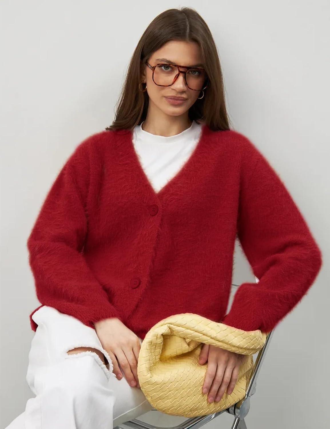 Arssm Womens Fuzzy Cardigan Sweater V Neck Cardigans Button Down Fluffy Knit Top Fashion 2026 Knitwear(Red)