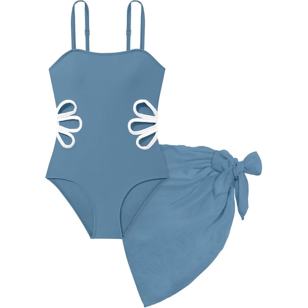 Arssm Girls One Piece Swimsuits Teen Girl Swimsuit Cut Out Bathing Suit with Cover Up Skirt Swimwear 7-16Y(Blue)