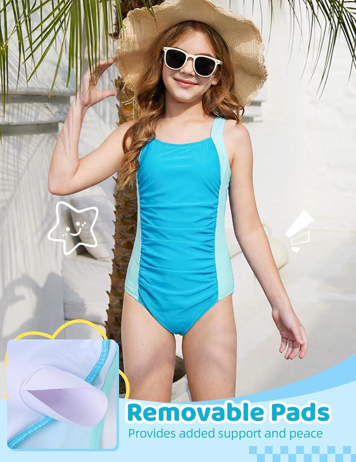 Arssm Girls Swimsuit Teen Girl One Piece Swimsuit Ruched Bathing Suit Adjustable Straps Padded Swimwear 9-16Y(Lightblue)