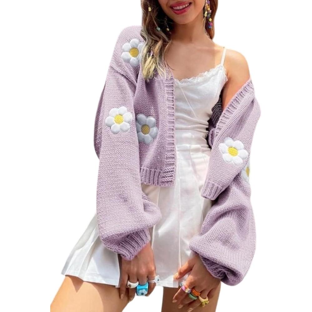 Arssm Y2K Womens Flower Cardigan Sweater Long Sleeve Knit Cropped Cardigan Open Front Cute Shrug Fall Sweater 90s Outfits(Purple)