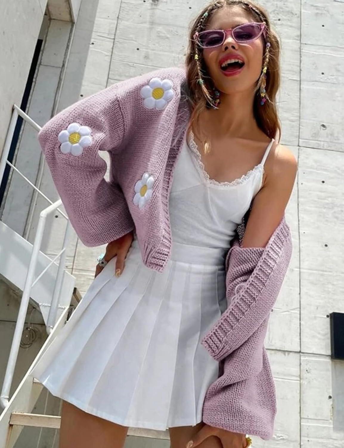 Arssm Y2K Womens Flower Cardigan Sweater Long Sleeve Knit Cropped Cardigan Open Front Cute Shrug Fall Sweater 90s Outfits(Purple)