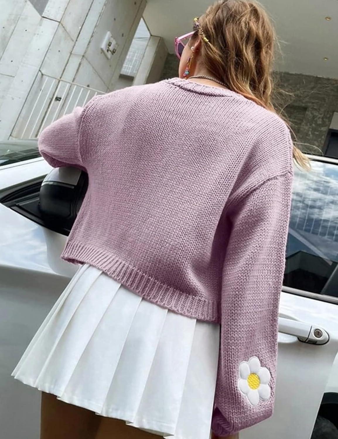 Arssm Y2K Womens Flower Cardigan Sweater Long Sleeve Knit Cropped Cardigan Open Front Cute Shrug Fall Sweater 90s Outfits(Purple)