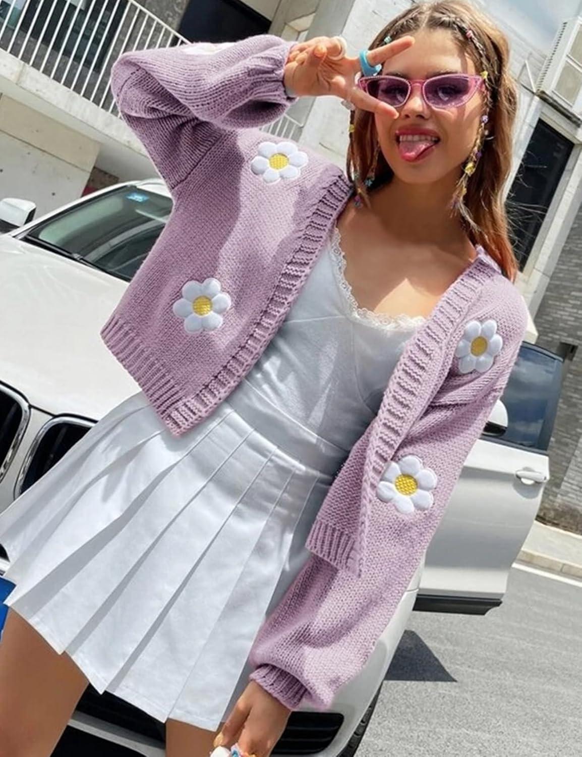 Arssm Y2K Womens Flower Cardigan Sweater Long Sleeve Knit Cropped Cardigan Open Front Cute Shrug Fall Sweater 90s Outfits(Purple)