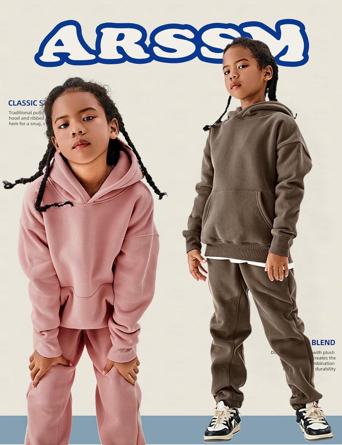 Arssm Girls Boys Sweatsuits Fleece 2 Piece Outfits Pants Set Hoodie and Sweatpant Set Kids Athletic Fleece Tracksuits(Brown)