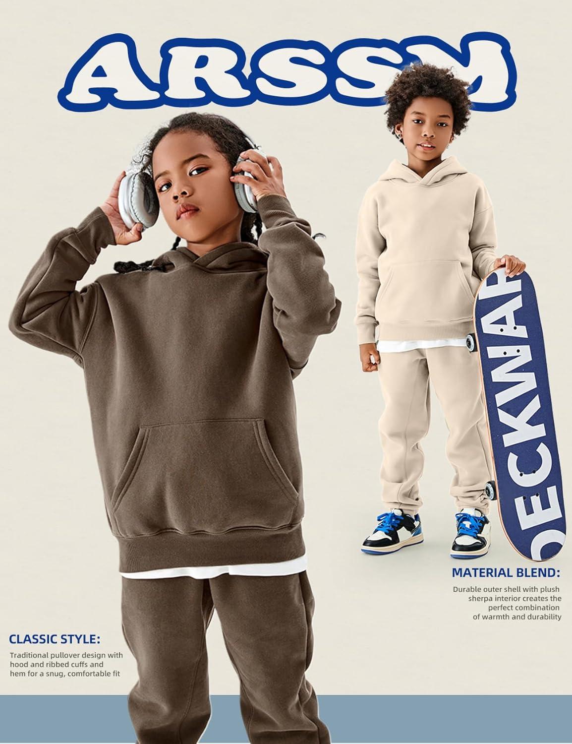 Arssm Girls Boys Sweatsuits Fleece 2 Piece Outfits Pants Set Hoodie and Sweatpant Set Kids Athletic Fleece Tracksuits(Brown)
