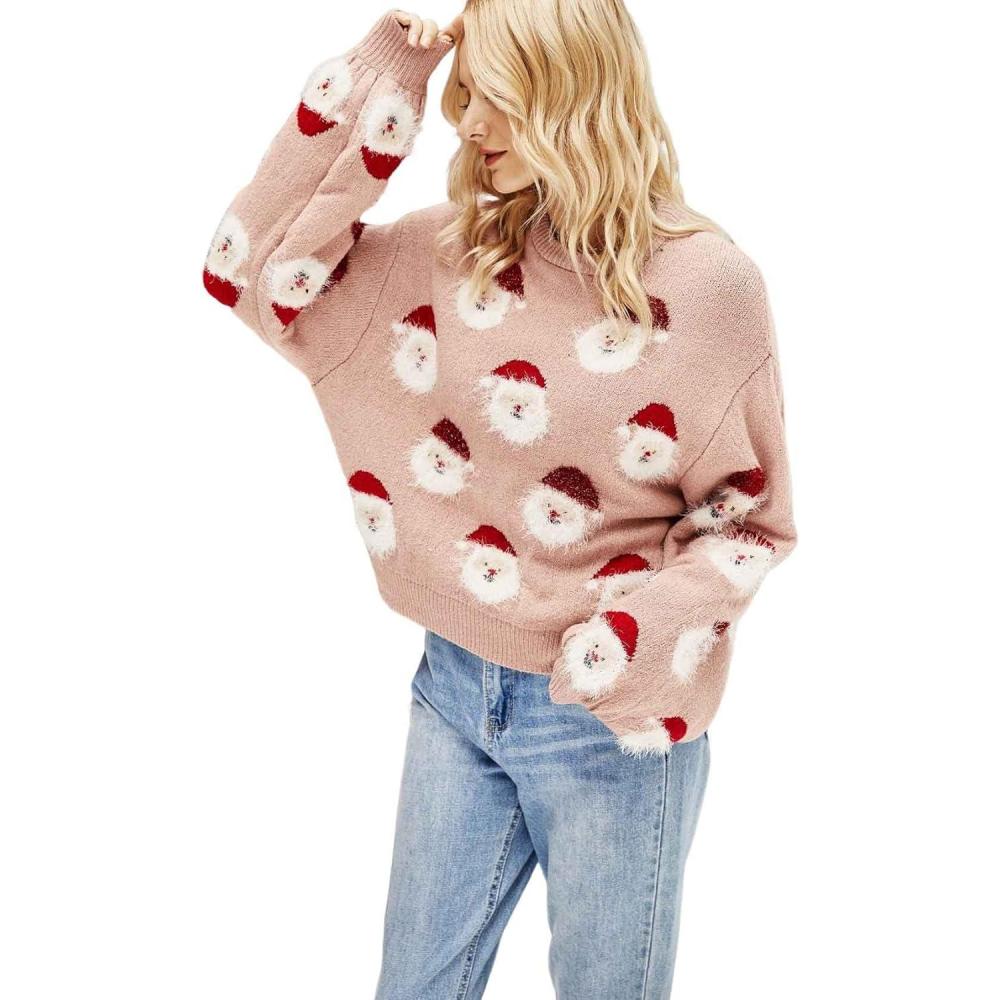 Arssm Women Santa Sweater Ugly Christmas Sweater Funny Xmas Holiday Party Knitted Cozy Pullover Sweatshirts Tops(Pink)