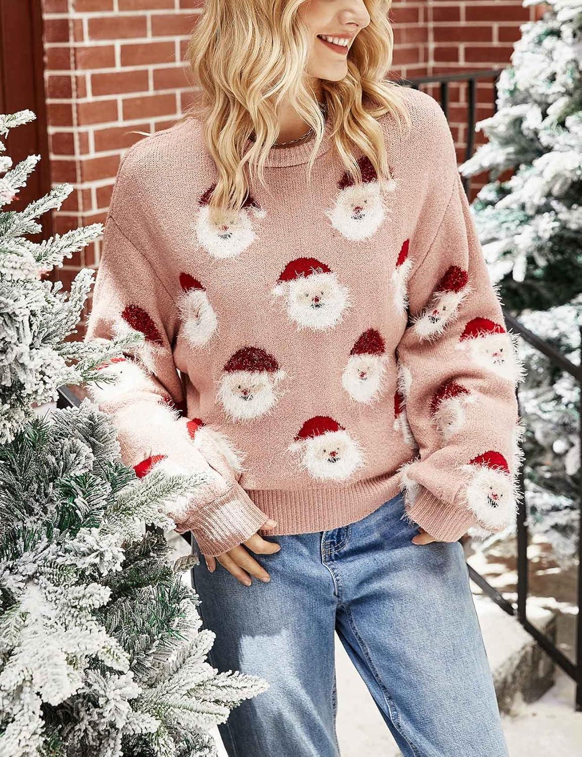 Arssm Women Santa Sweater Ugly Christmas Sweater Funny Xmas Holiday Party Knitted Cozy Pullover Sweatshirts Tops(Pink)
