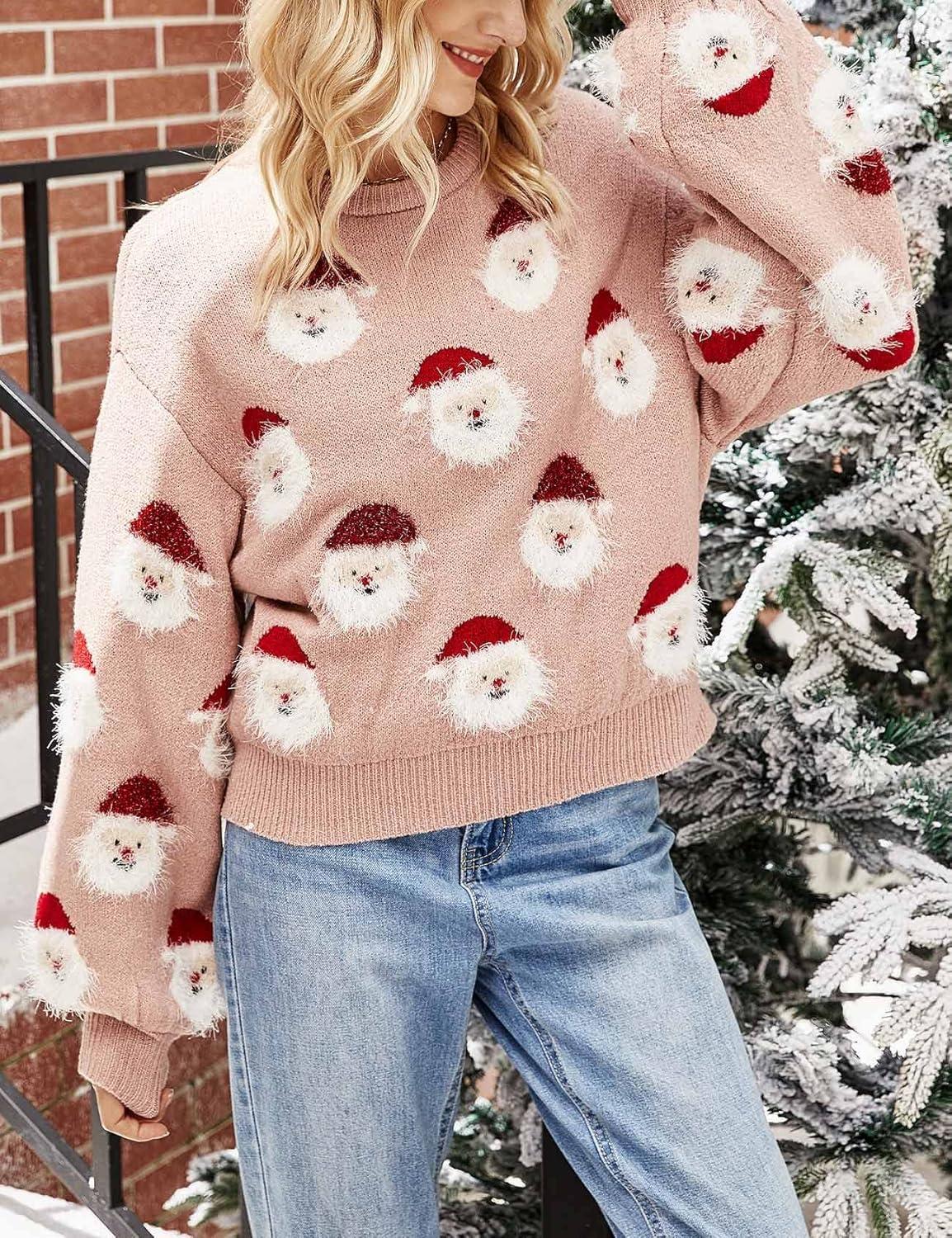 Arssm Women Santa Sweater Ugly Christmas Sweater Funny Xmas Holiday Party Knitted Cozy Pullover Sweatshirts Tops(Pink)