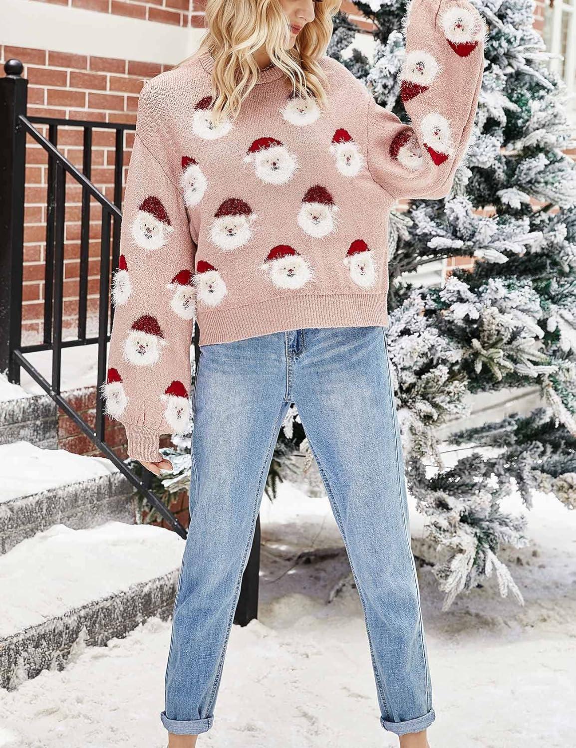 Arssm Women Santa Sweater Ugly Christmas Sweater Funny Xmas Holiday Party Knitted Cozy Pullover Sweatshirts Tops(Pink)
