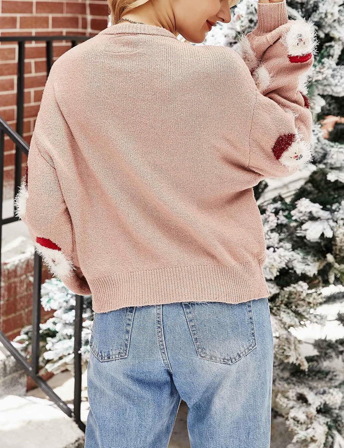 Arssm Women Santa Sweater Ugly Christmas Sweater Funny Xmas Holiday Party Knitted Cozy Pullover Sweatshirts Tops(Pink)