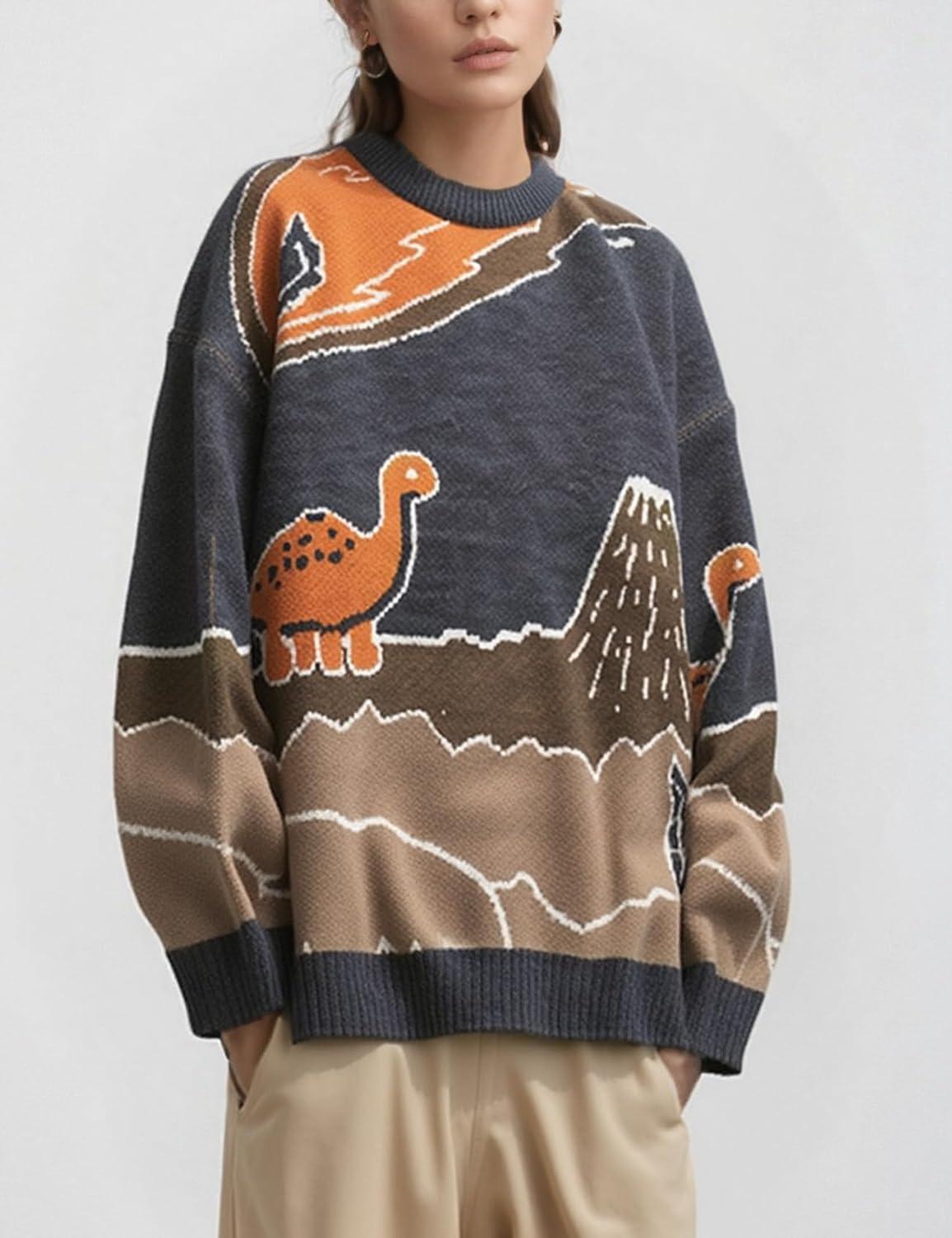 Arssm Mens Oversized Dinosaur Knit Pullover Sweater Fashion Cartoon Unisex Sweater Long Sleeve Crewneck Vintage Tops(Grey)