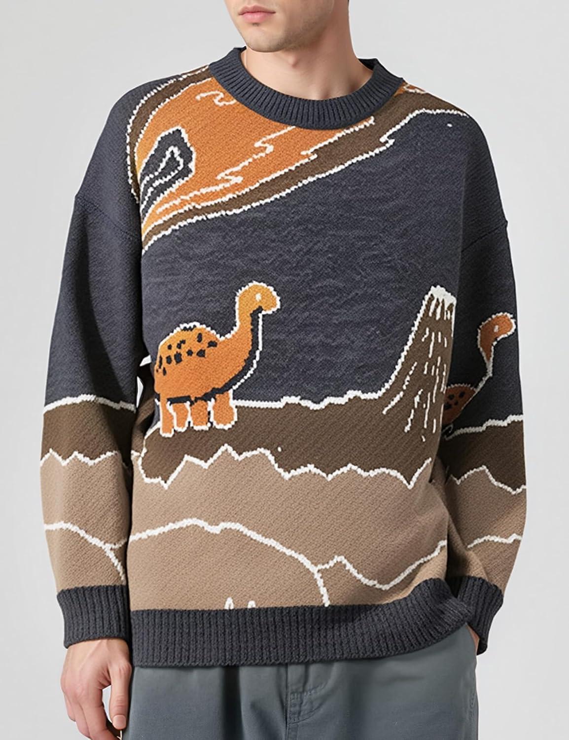 Arssm Mens Oversized Dinosaur Knit Pullover Sweater Fashion Cartoon Unisex Sweater Long Sleeve Crewneck Vintage Tops(Grey)