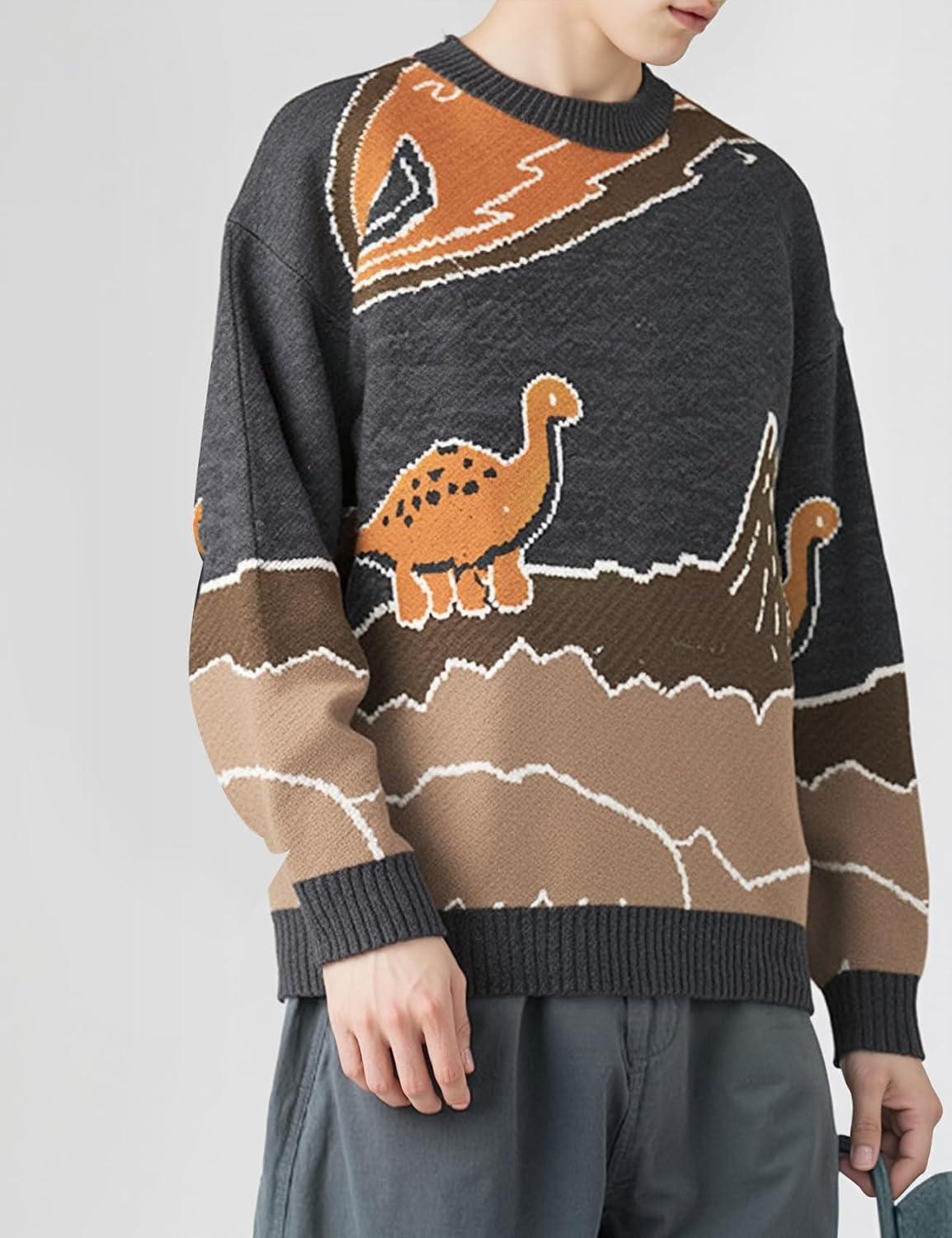 Arssm Mens Oversized Dinosaur Knit Pullover Sweater Fashion Cartoon Unisex Sweater Long Sleeve Crewneck Vintage Tops(Grey)