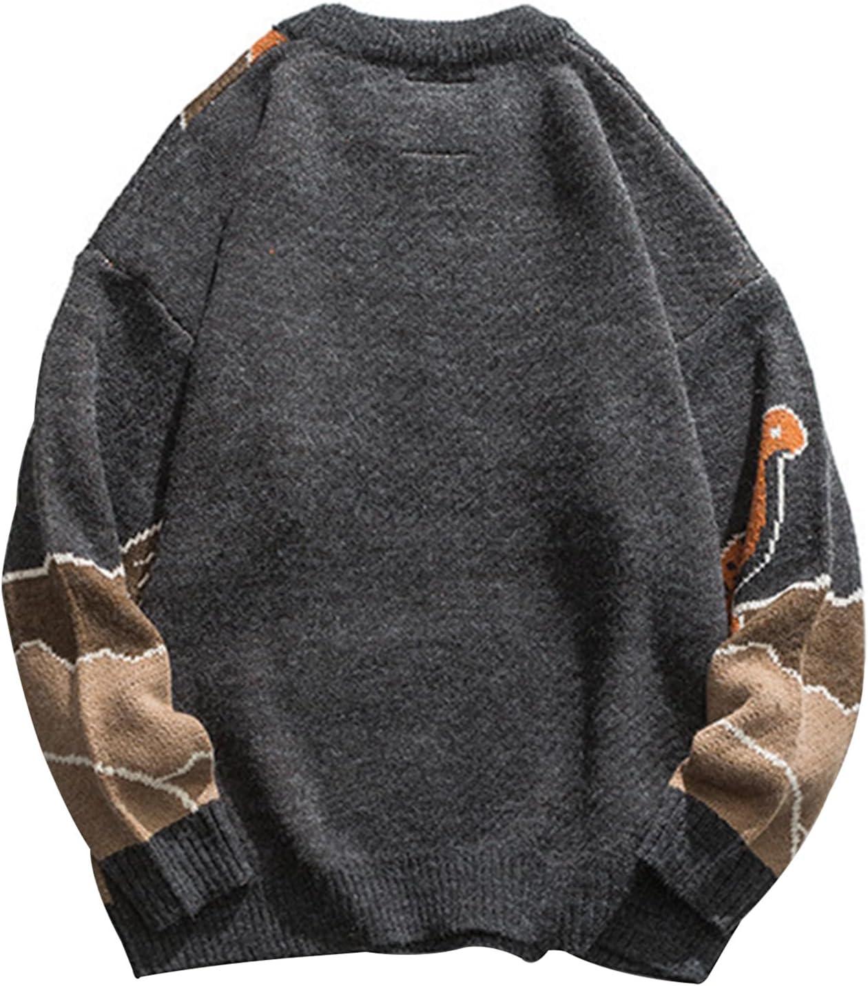 Arssm Mens Oversized Dinosaur Knit Pullover Sweater Fashion Cartoon Unisex Sweater Long Sleeve Crewneck Vintage Tops(Grey)
