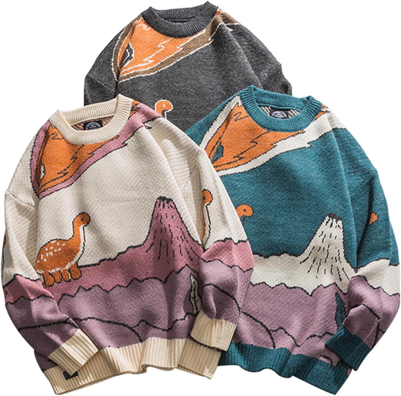 Arssm Mens Oversized Dinosaur Knit Pullover Sweater Fashion Cartoon Unisex Sweater Long Sleeve Crewneck Vintage Tops(Grey)