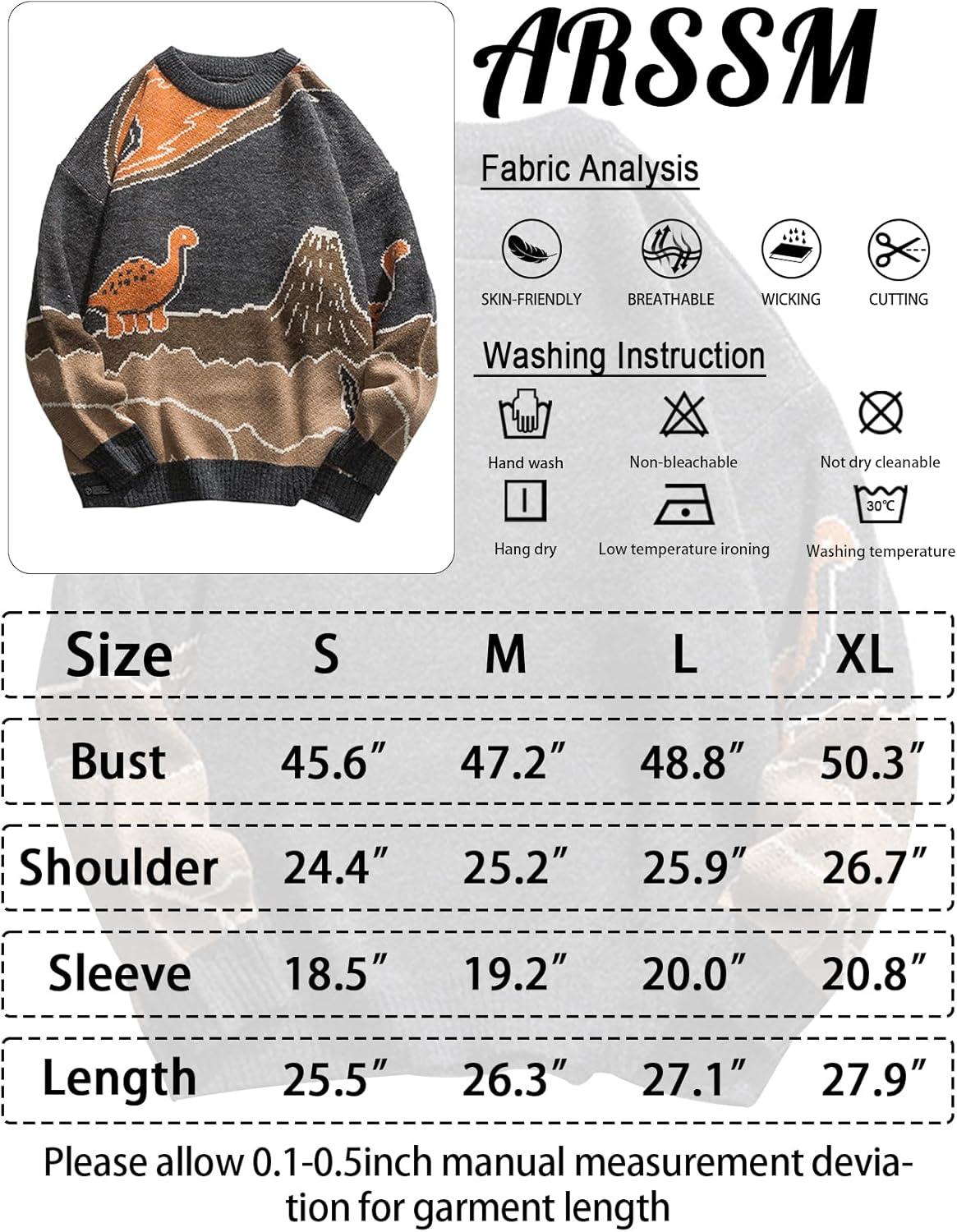 Arssm Mens Oversized Dinosaur Knit Pullover Sweater Fashion Cartoon Unisex Sweater Long Sleeve Crewneck Vintage Tops(Grey)