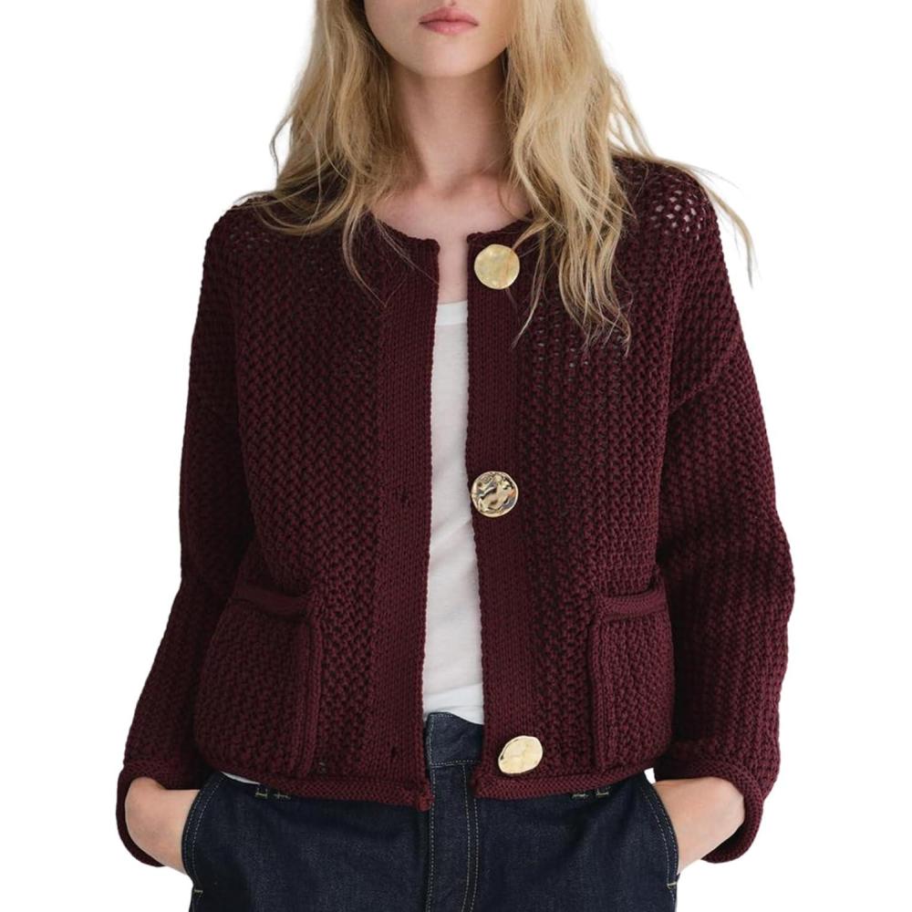 Arssm Womens Cardigan Sweaters 2024 V Neck Long Sleeve Sweater Button Down Knit Sweater Top with Pockets(Darkred)