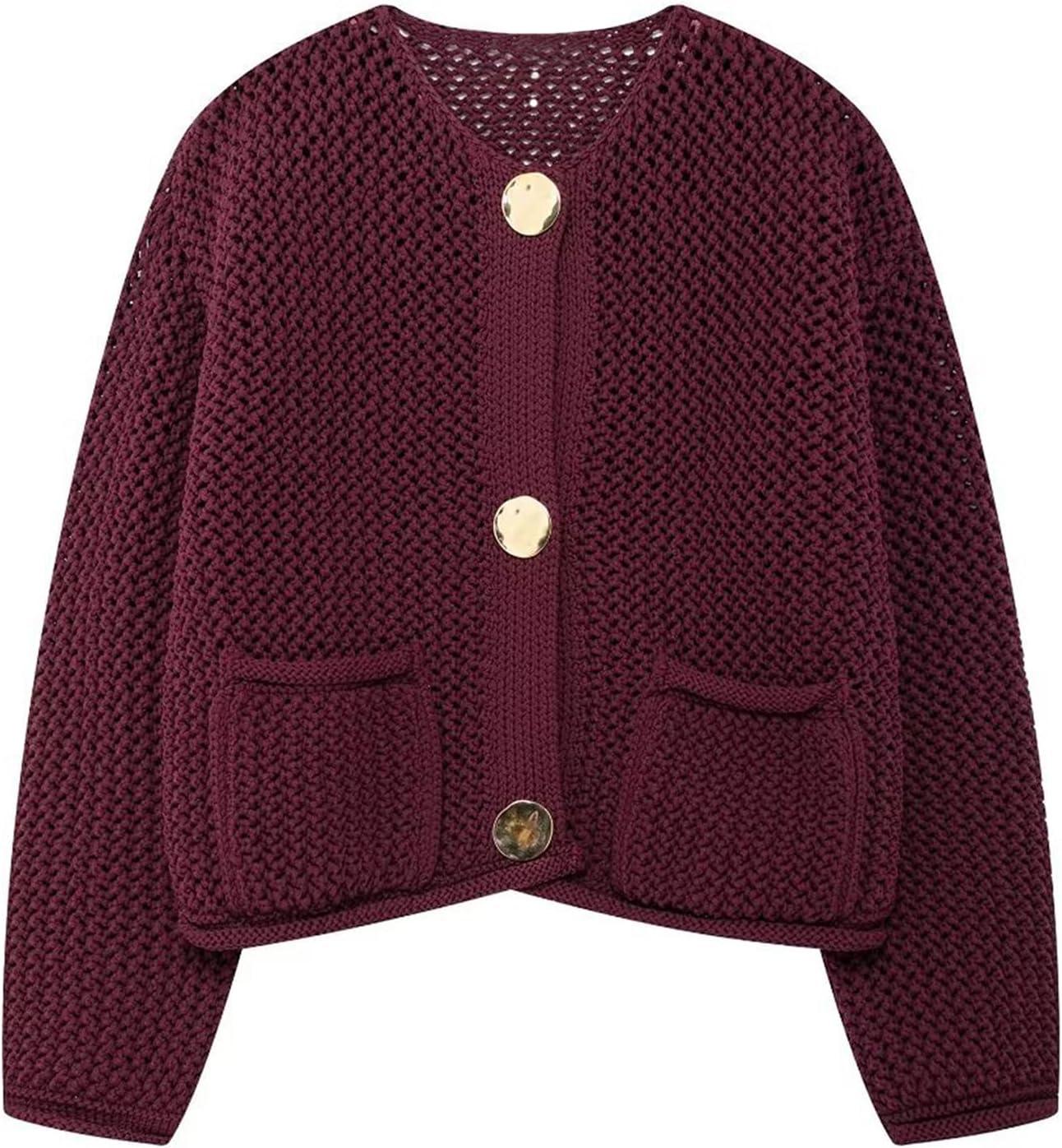 Arssm Womens Cardigan Sweaters 2024 V Neck Long Sleeve Sweater Button Down Knit Sweater Top with Pockets(Darkred)
