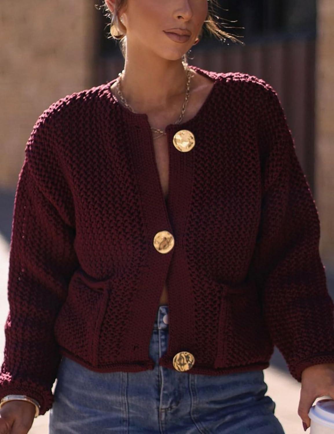 Arssm Womens Cardigan Sweaters 2024 V Neck Long Sleeve Sweater Button Down Knit Sweater Top with Pockets(Darkred)