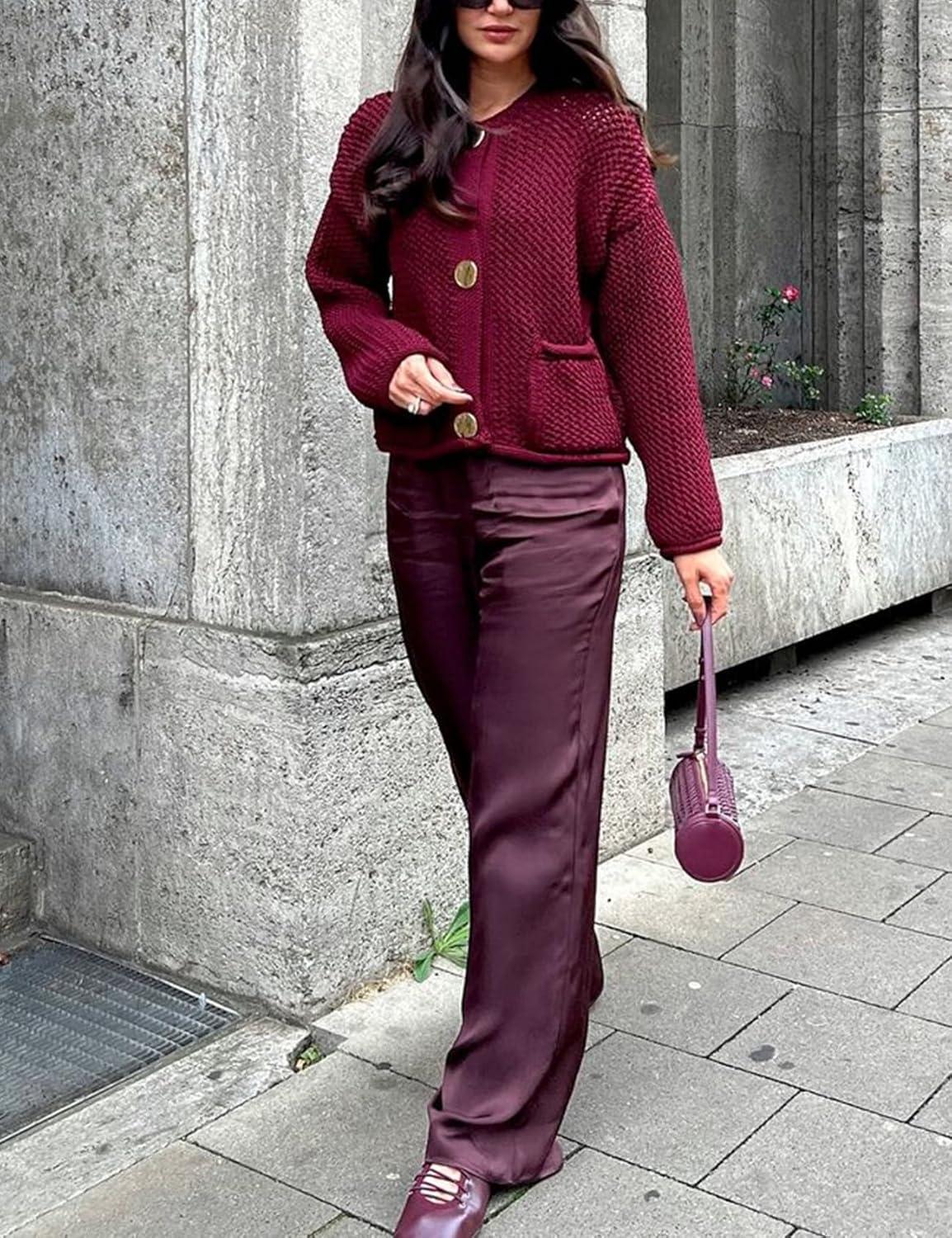 Arssm Womens Cardigan Sweaters 2024 V Neck Long Sleeve Sweater Button Down Knit Sweater Top with Pockets(Darkred)