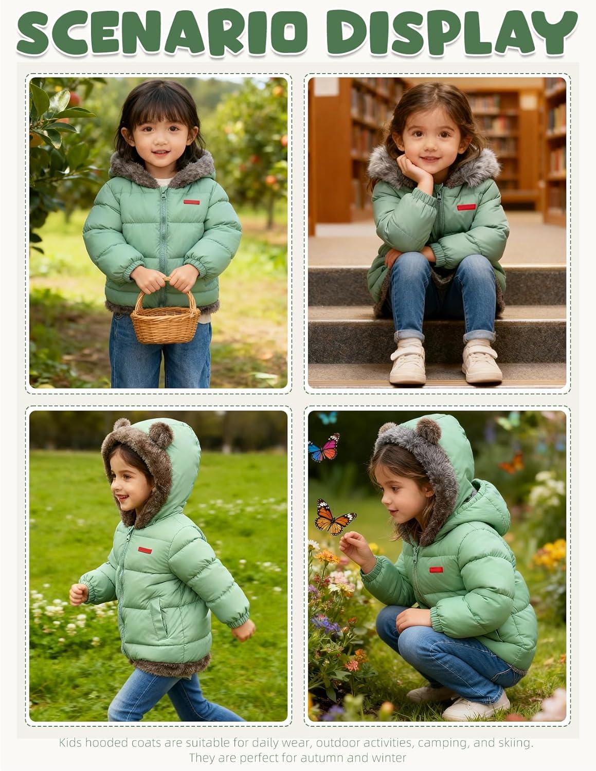 Arssm Baby Boys Girls Winter Fleece Coat Toddler Kids Warm Cute Bear Ear Hooded Jacket(Green)