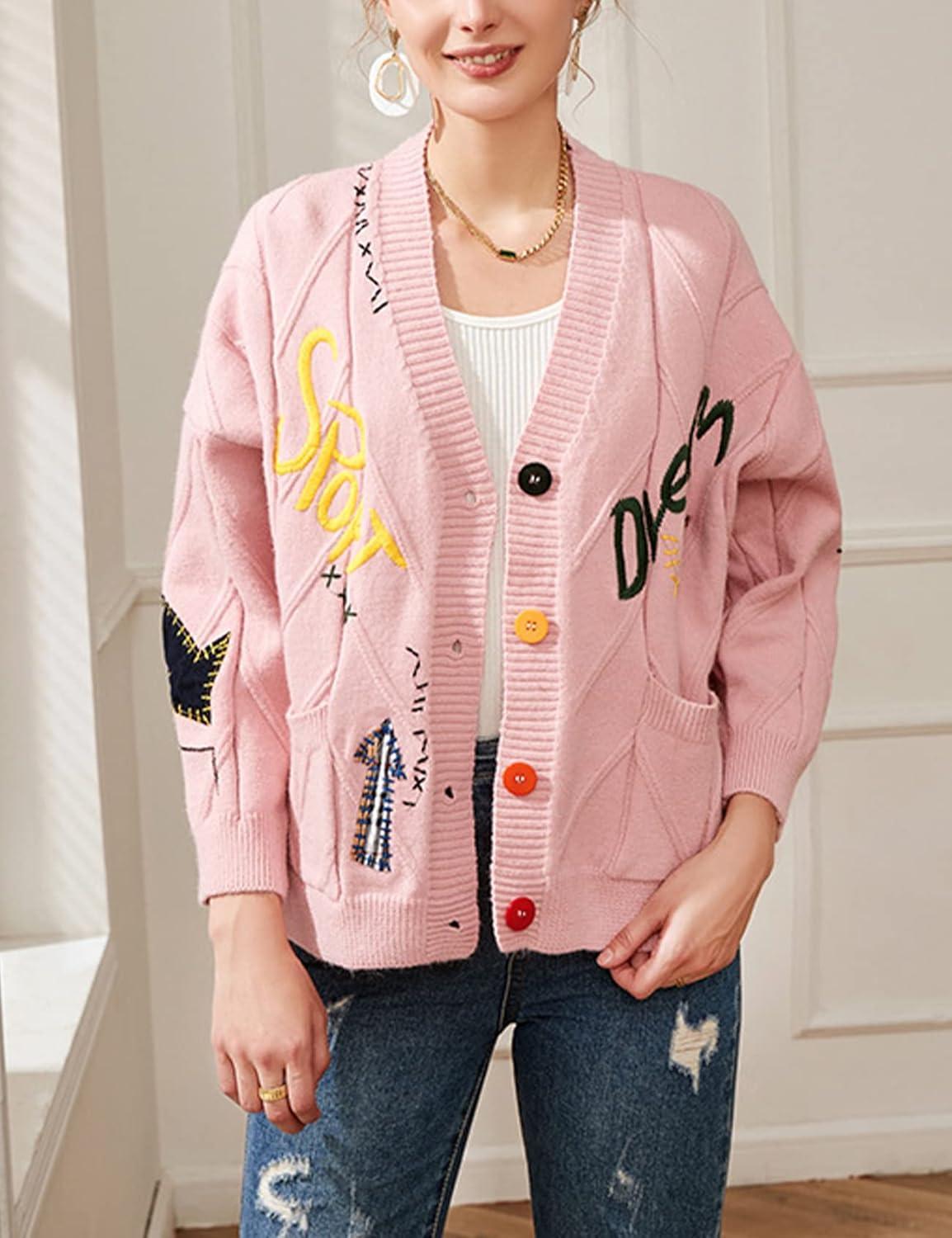 Arssm Graphic Sweaters for Women Oversized Kawaii Embroidered Graphic V Neck Cable Knit Cardigan (Pink-S)