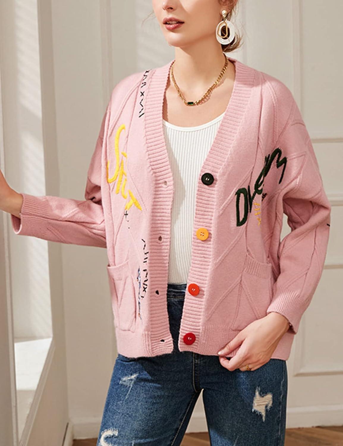 Arssm Graphic Sweaters for Women Oversized Kawaii Embroidered Graphic V Neck Cable Knit Cardigan (Pink-S)