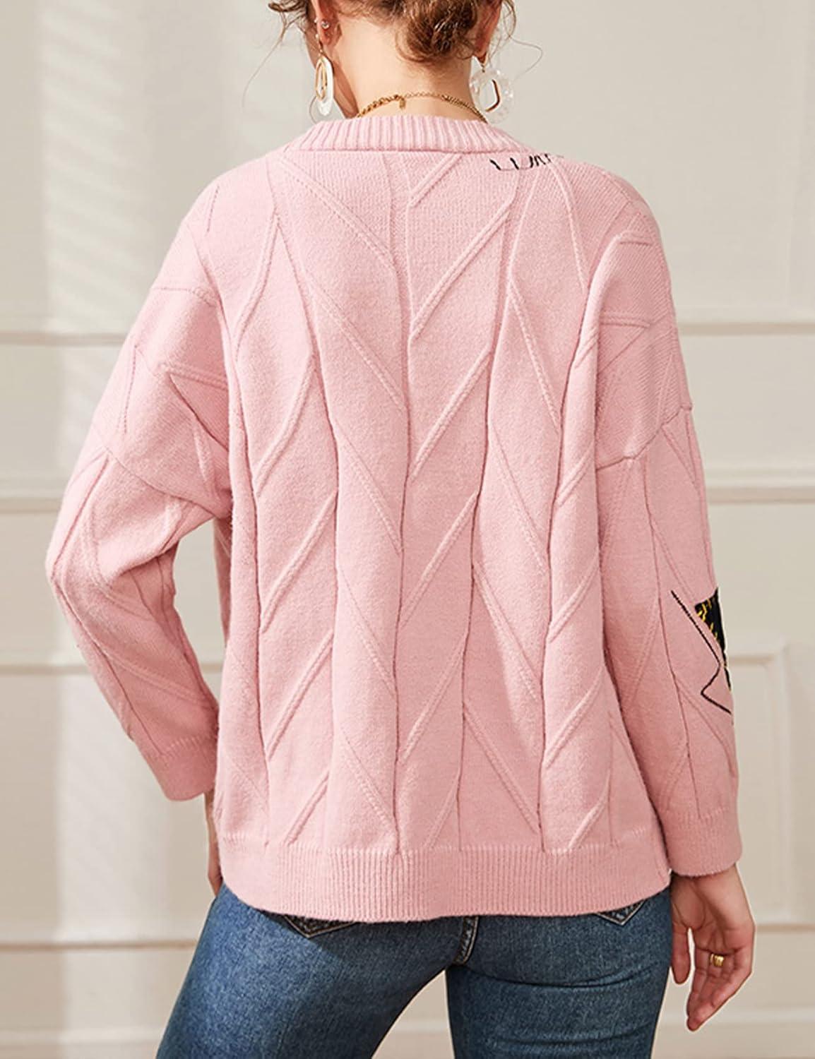 Arssm Graphic Sweaters for Women Oversized Kawaii Embroidered Graphic V Neck Cable Knit Cardigan (Pink-S)