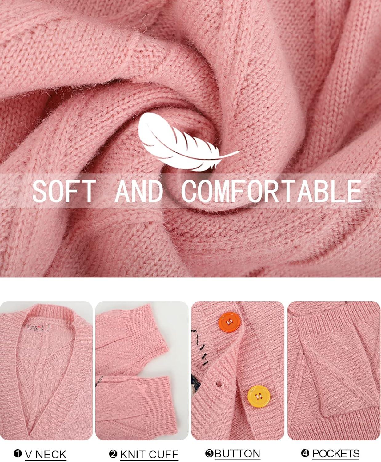 Arssm Graphic Sweaters for Women Oversized Kawaii Embroidered Graphic V Neck Cable Knit Cardigan (Pink-S)