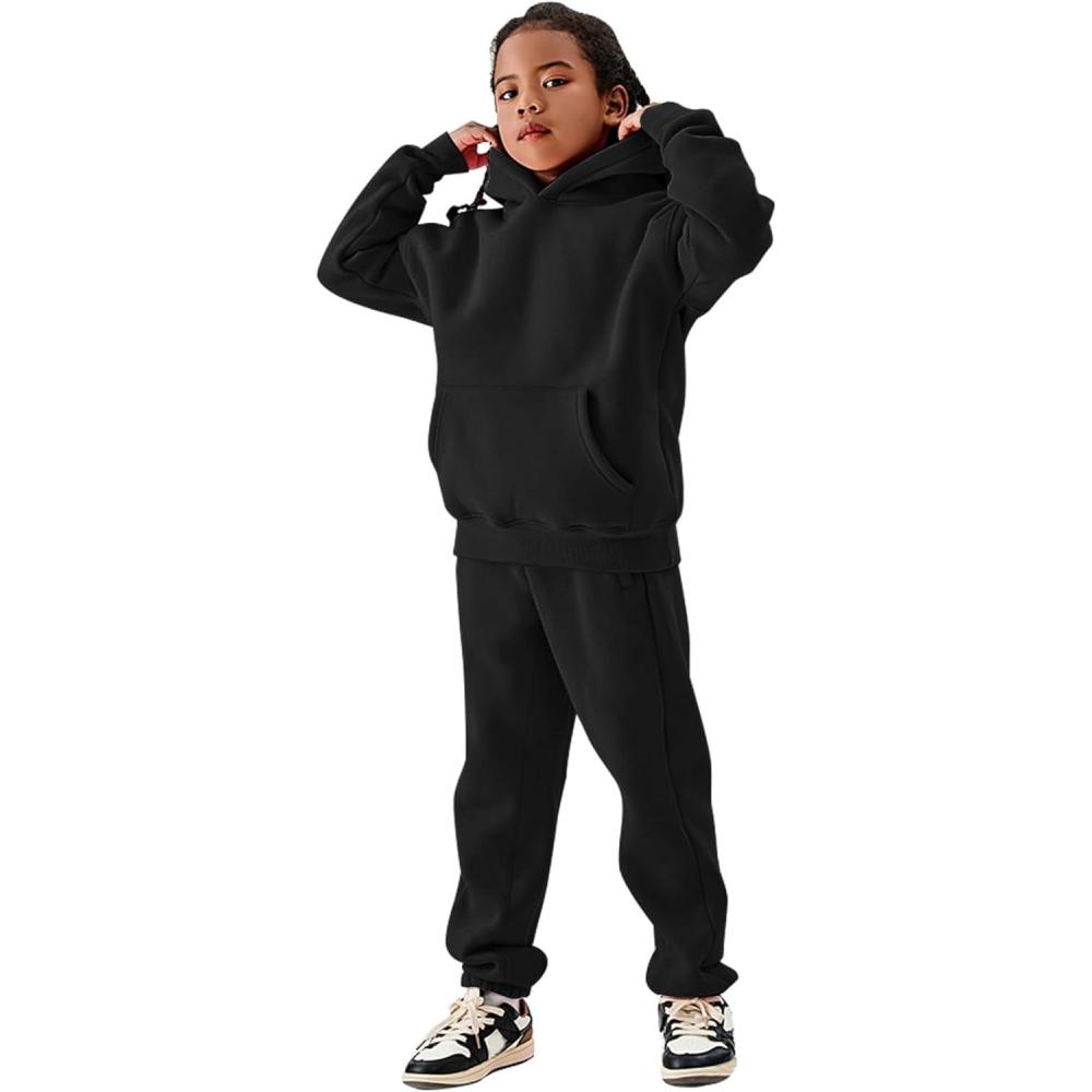 Arssm Girls Boys Sweatsuits Fleece 2 Piece Outfits Pants Set Hoodie and Sweatpant Set Kids Athletic Fleece Tracksuits(Black)
