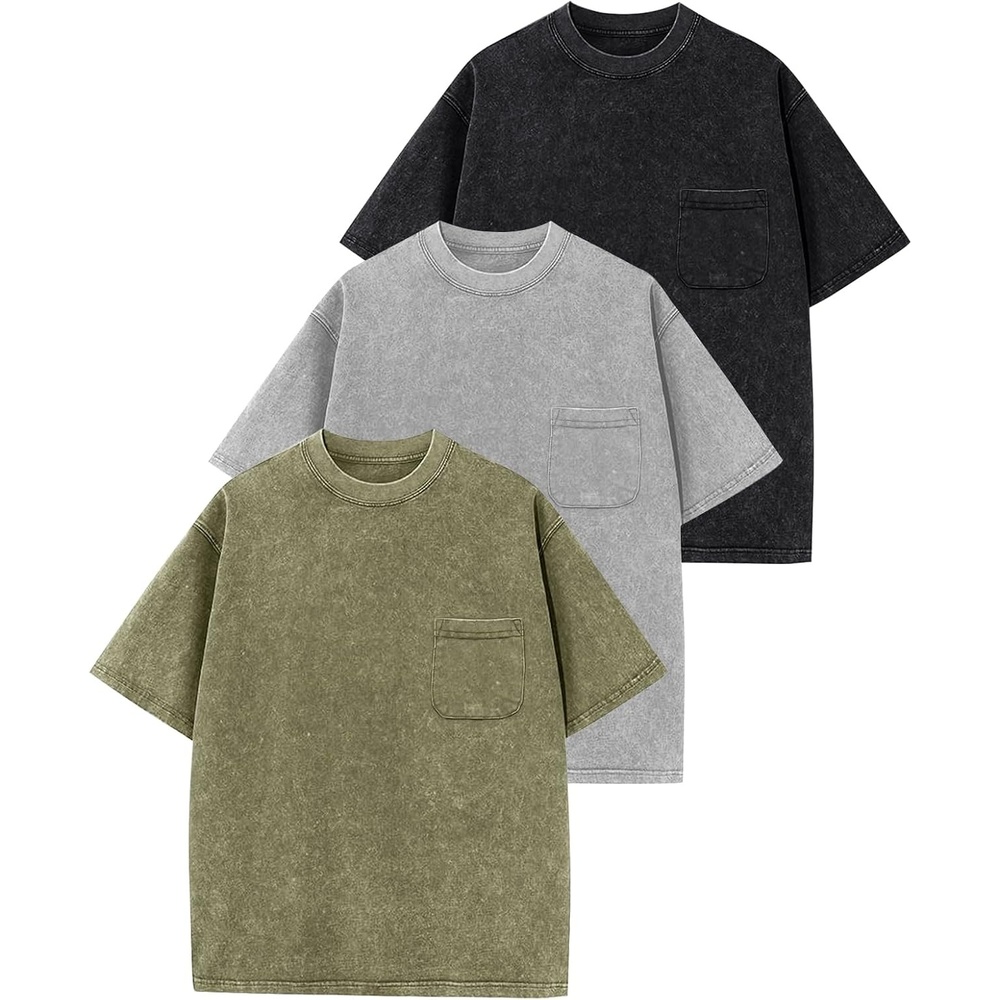 Arssm 3 Pack Boys Tshirts Kids Oversized T Shirts Cotton Acid Wash Crewneck Summer Basic Tees(Black+grey+army)
