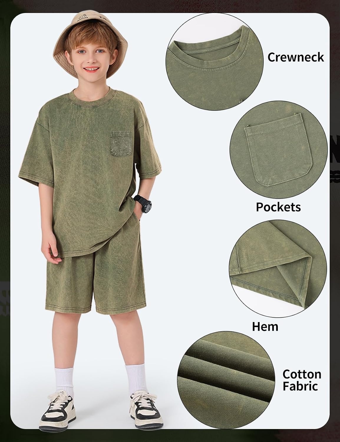 Arssm 3 Pack Boys Tshirts Kids Oversized T Shirts Cotton Acid Wash Crewneck Summer Basic Tees(Black+grey+army)