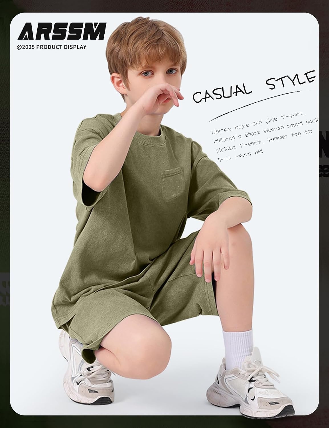 Arssm 3 Pack Boys Tshirts Kids Oversized T Shirts Cotton Acid Wash Crewneck Summer Basic Tees(Black+grey+army)