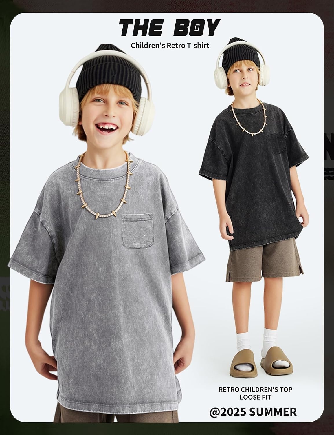 Arssm 3 Pack Boys Tshirts Kids Oversized T Shirts Cotton Acid Wash Crewneck Summer Basic Tees(Black+grey+army)