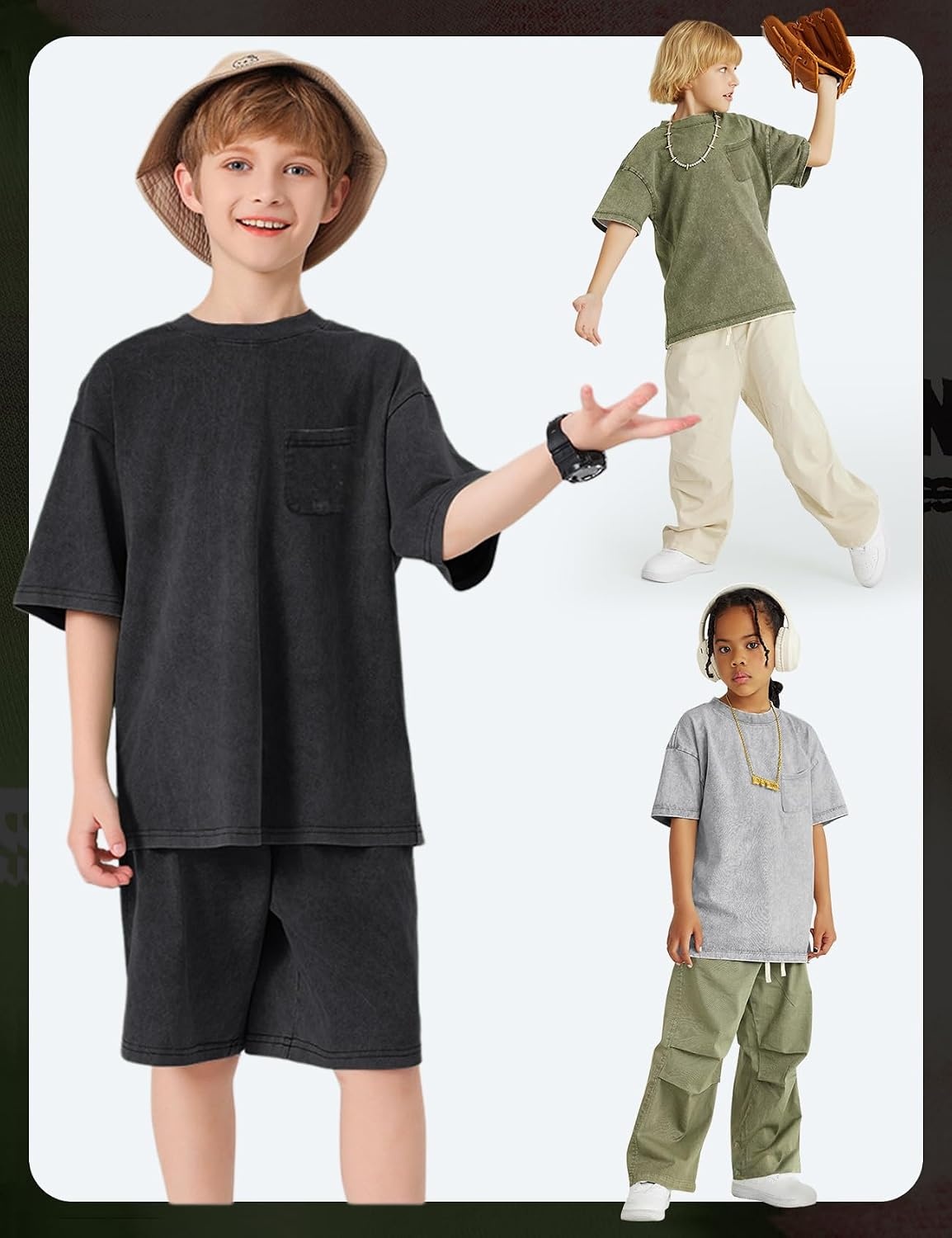 Arssm 3 Pack Boys Tshirts Kids Oversized T Shirts Cotton Acid Wash Crewneck Summer Basic Tees(Black+grey+army)