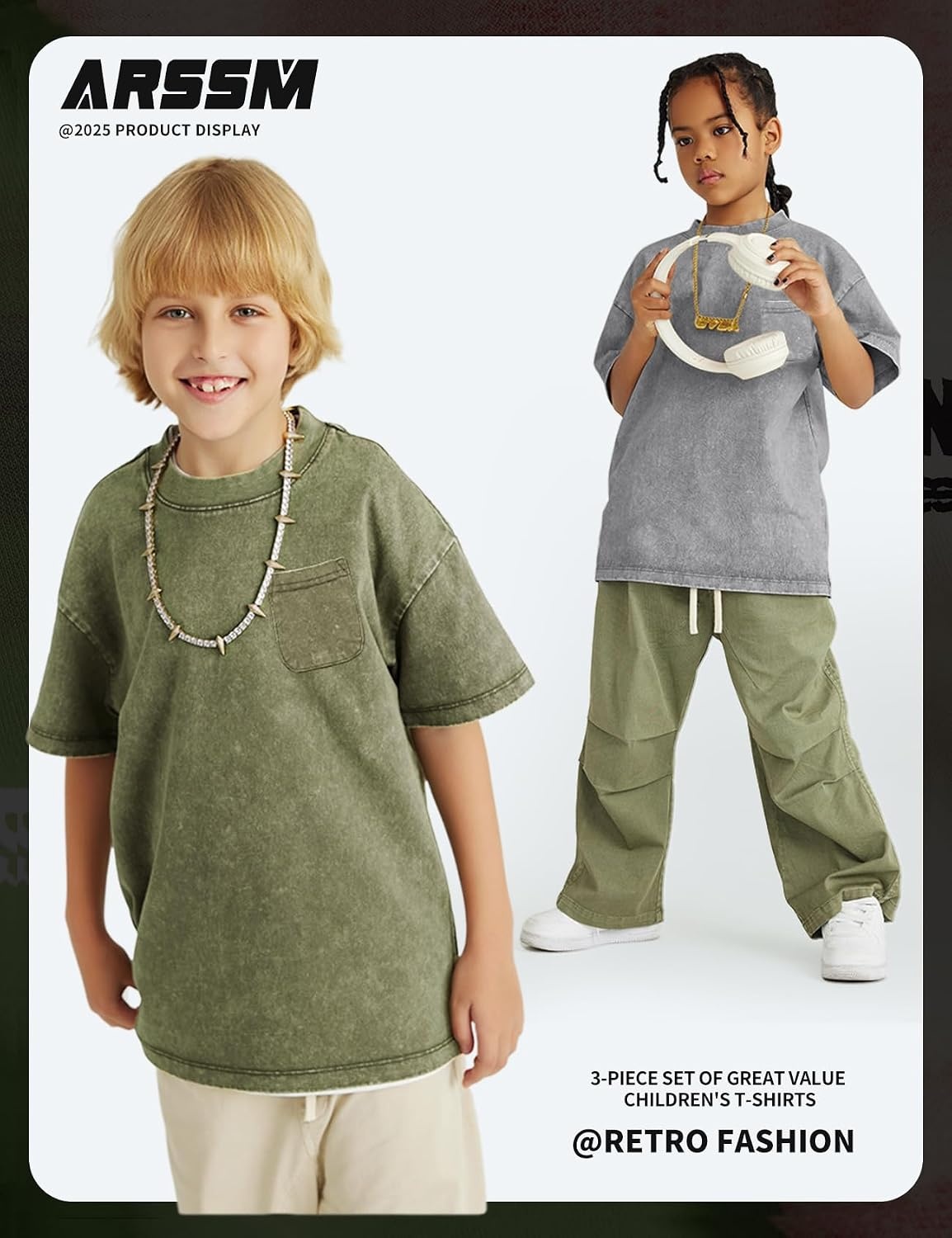 Arssm 3 Pack Boys Tshirts Kids Oversized T Shirts Cotton Acid Wash Crewneck Summer Basic Tees(Black+grey+army)