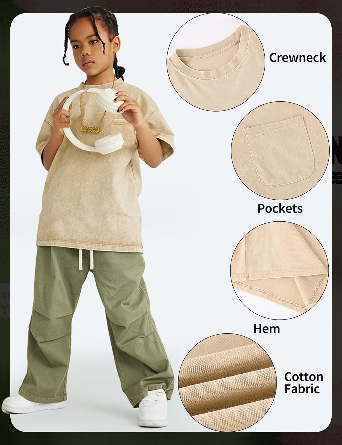 Arssm 3 Pack Boys Tshirts Kids Oversized T Shirts Cotton Acid Wash Crewneck Summer Basic Tees(Apricot)