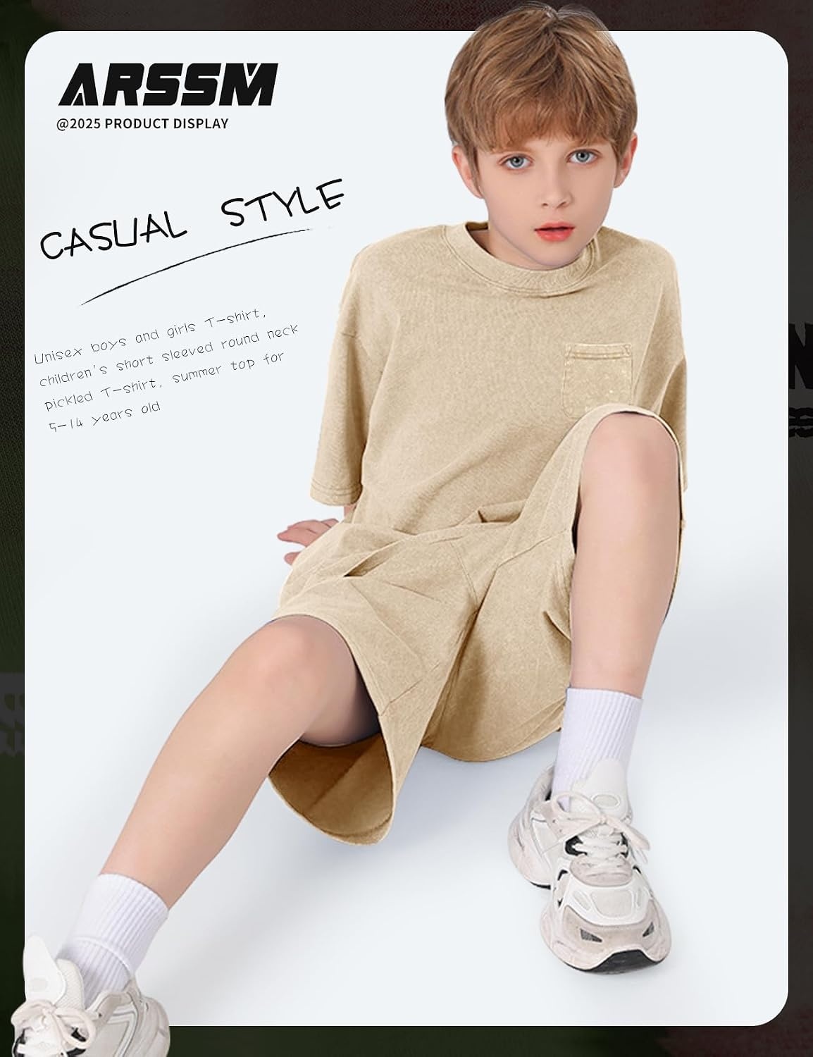 Arssm 3 Pack Boys Tshirts Kids Oversized T Shirts Cotton Acid Wash Crewneck Summer Basic Tees(Apricot)