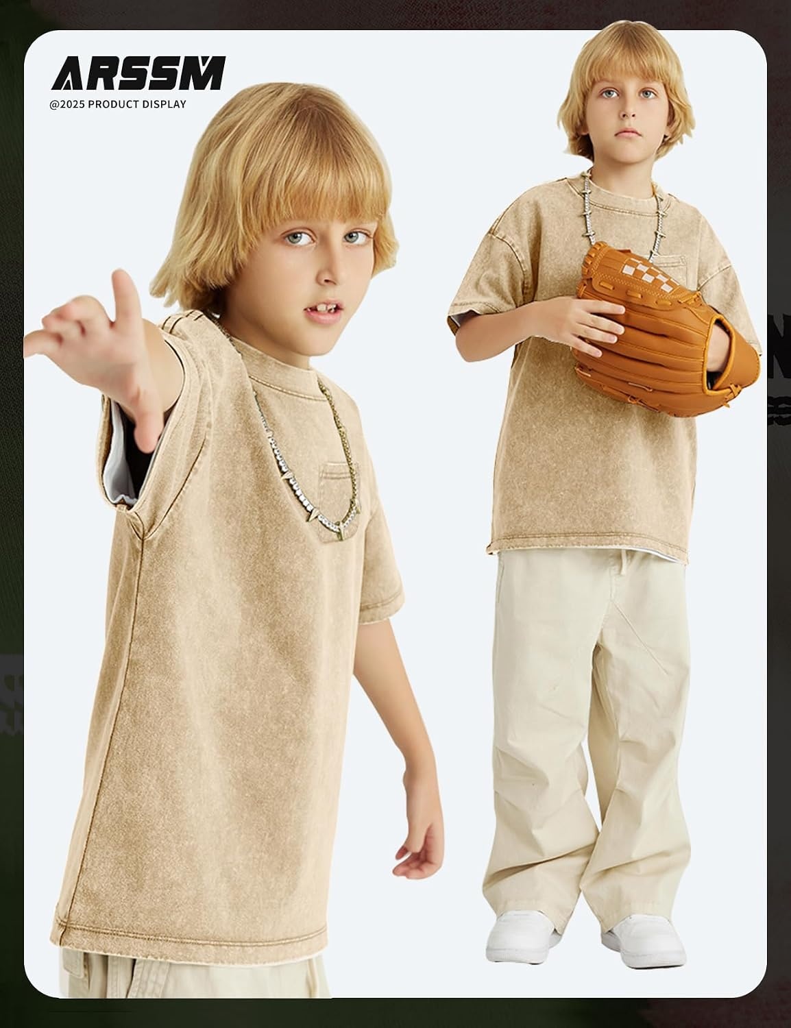 Arssm 3 Pack Boys Tshirts Kids Oversized T Shirts Cotton Acid Wash Crewneck Summer Basic Tees(Apricot)