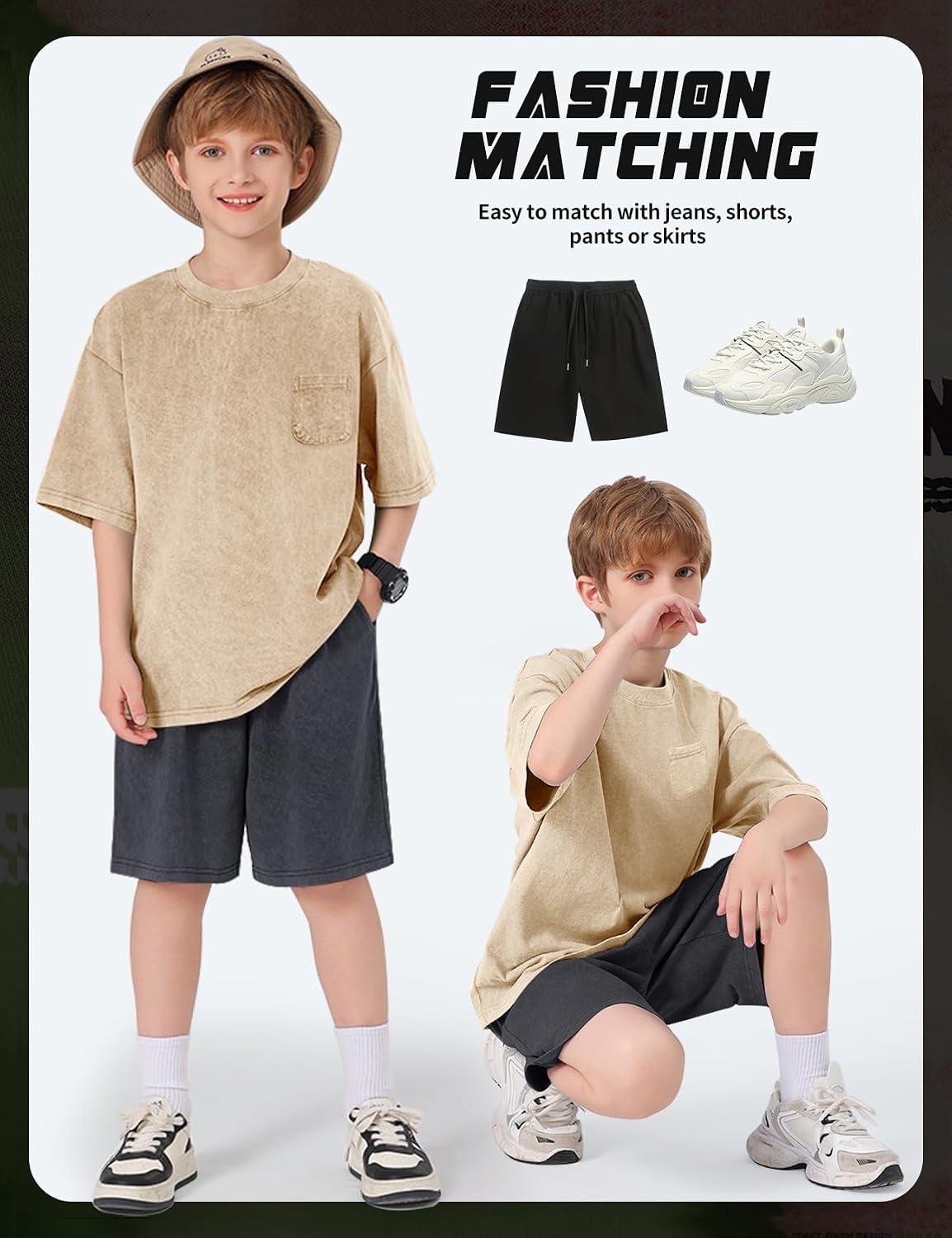 Arssm 3 Pack Boys Tshirts Kids Oversized T Shirts Cotton Acid Wash Crewneck Summer Basic Tees(Apricot)