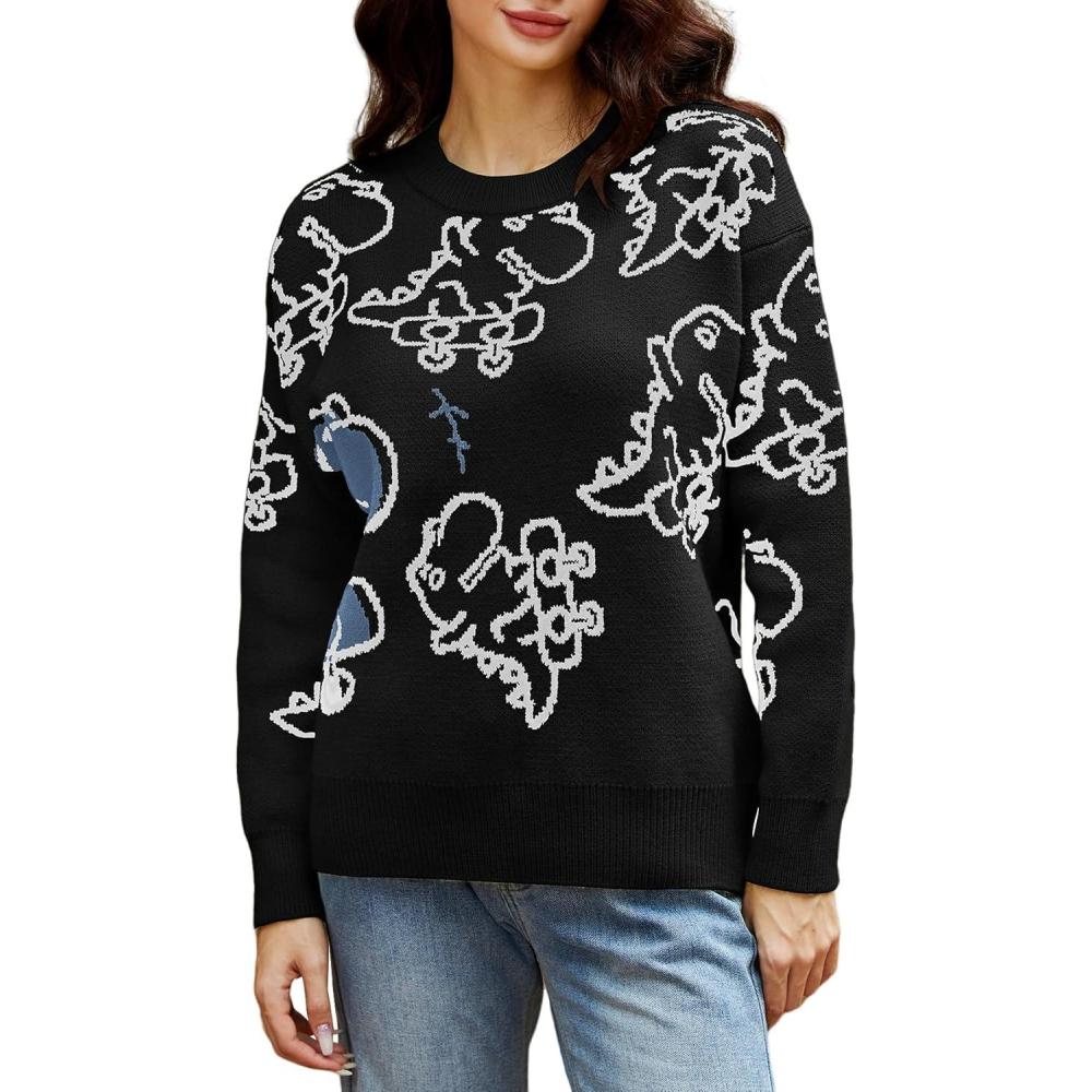 Arssm Dinosaur Sweater Women y2k Vintage Oversized Graphic Streetwear Knit Sweater Casual Cute Kawaii Tops(Black Dinosaur)