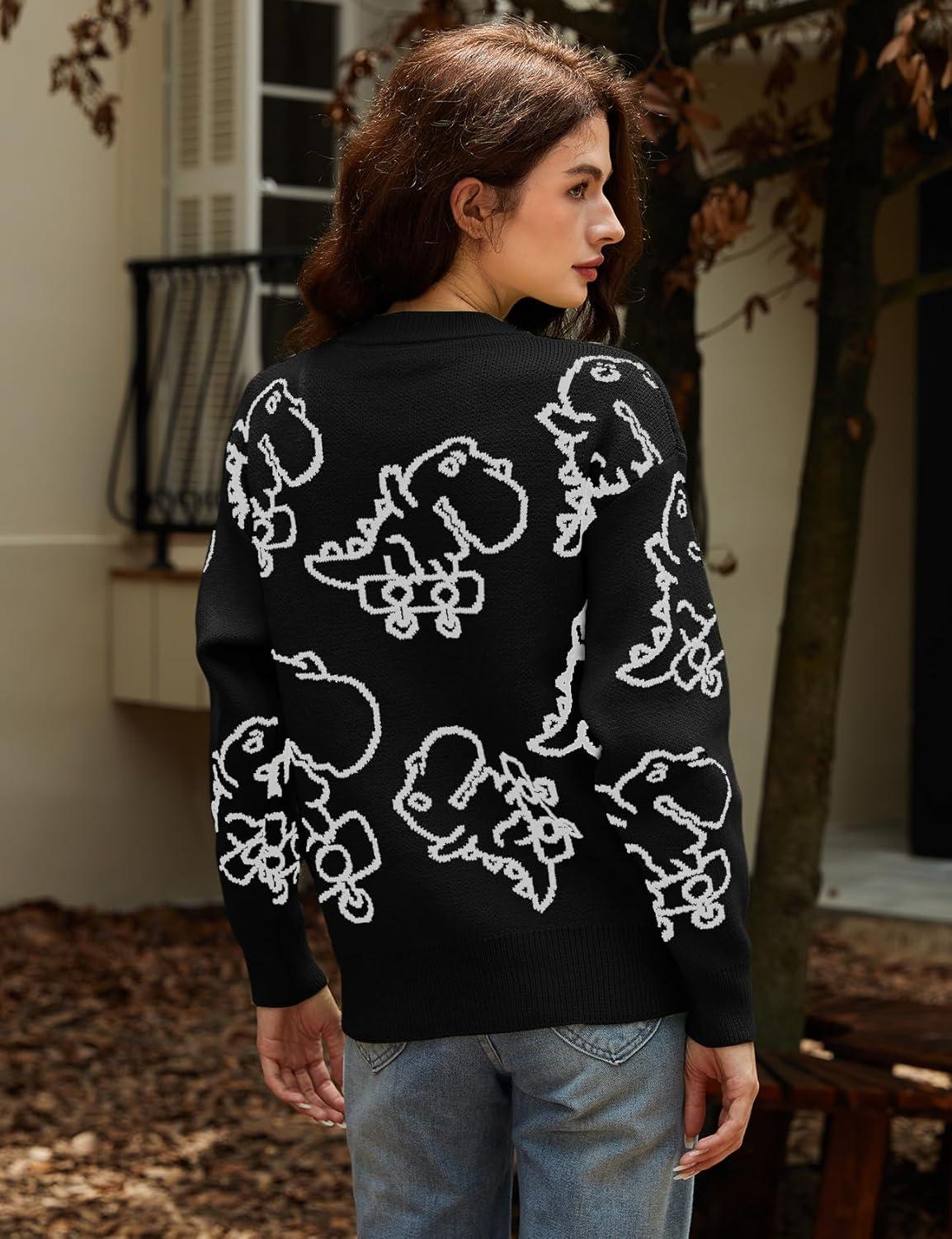 Arssm Dinosaur Sweater Women y2k Vintage Oversized Graphic Streetwear Knit Sweater Casual Cute Kawaii Tops(Black Dinosaur)