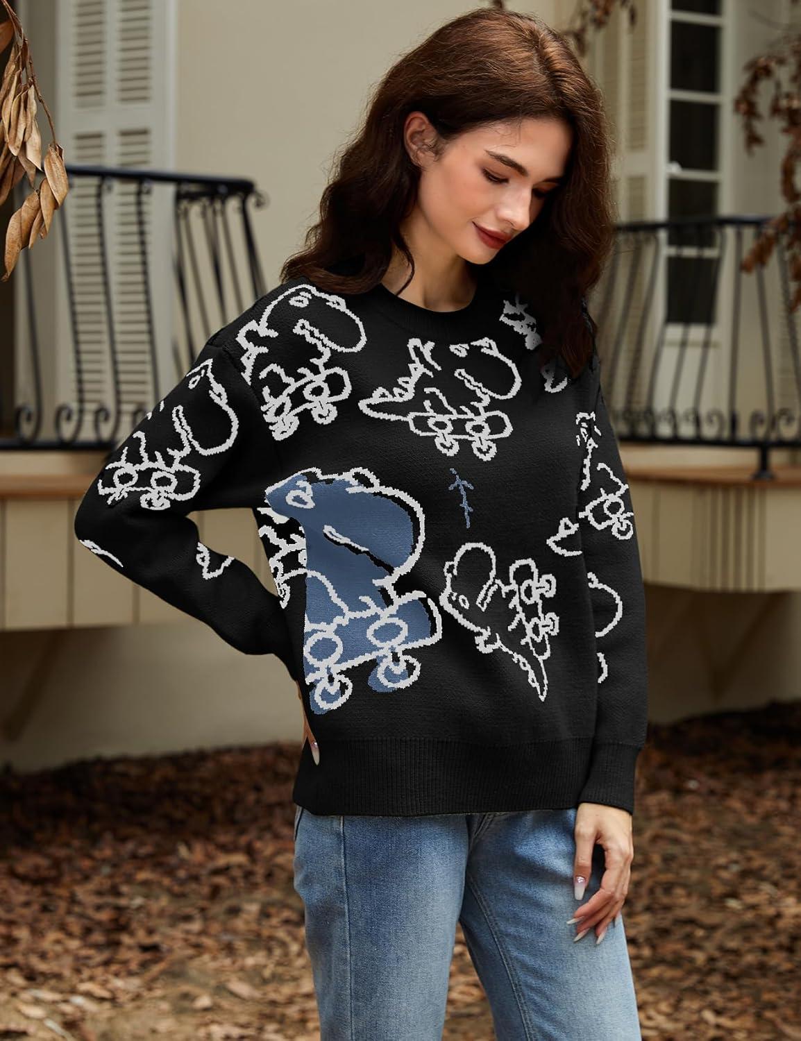 Arssm Dinosaur Sweater Women y2k Vintage Oversized Graphic Streetwear Knit Sweater Casual Cute Kawaii Tops(Black Dinosaur)