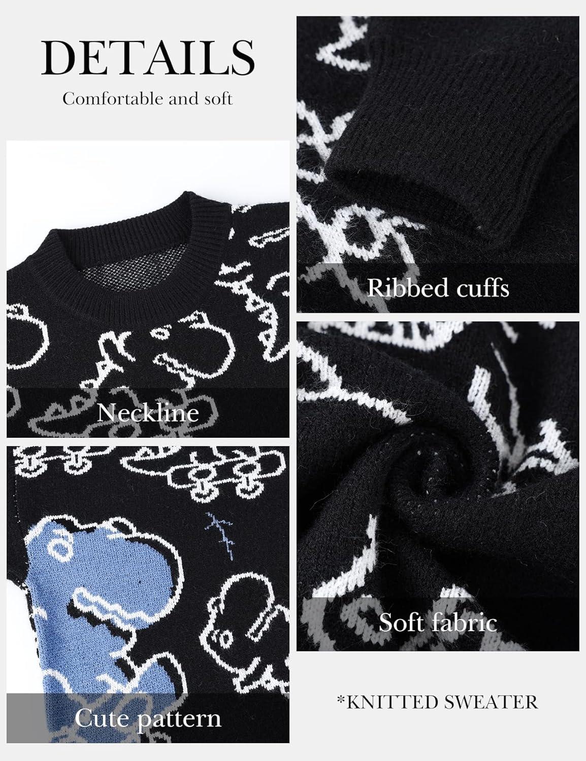 Arssm Dinosaur Sweater Women y2k Vintage Oversized Graphic Streetwear Knit Sweater Casual Cute Kawaii Tops(Black Dinosaur)