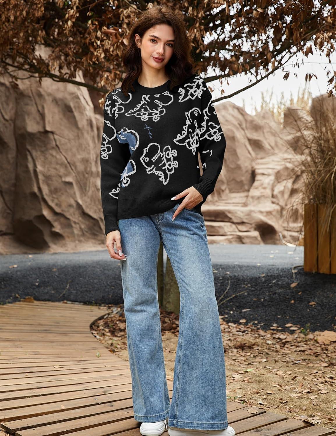 Arssm Dinosaur Sweater Women y2k Vintage Oversized Graphic Streetwear Knit Sweater Casual Cute Kawaii Tops(Black Dinosaur)
