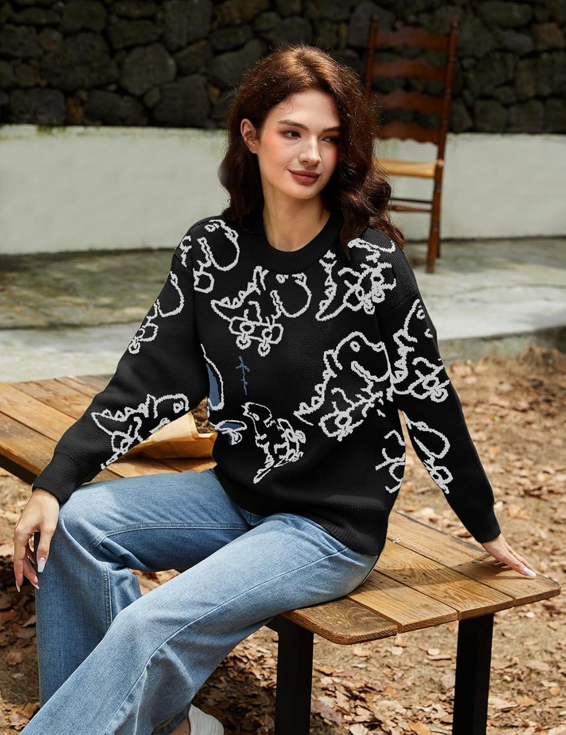 Arssm Dinosaur Sweater Women y2k Vintage Oversized Graphic Streetwear Knit Sweater Casual Cute Kawaii Tops(Black Dinosaur)