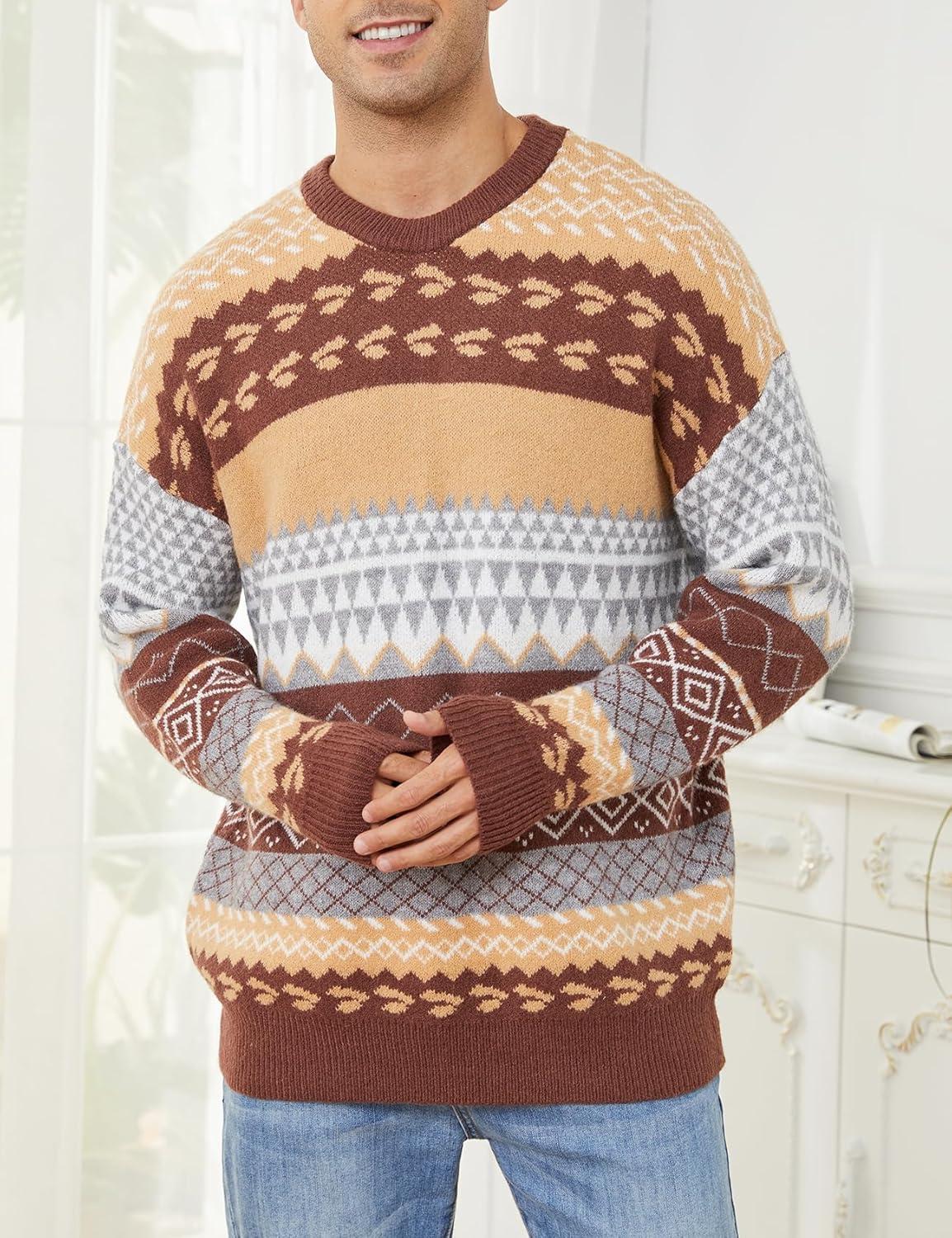 Arssm Mens Vintage Sweater Grandpa Oversized Cable Knit Crewneck Pullovers Casual Long Sleeve Striped Sweater(Brown)