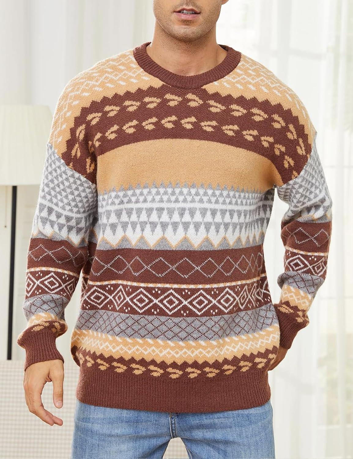 Arssm Mens Vintage Sweater Grandpa Oversized Cable Knit Crewneck Pullovers Casual Long Sleeve Striped Sweater(Brown)