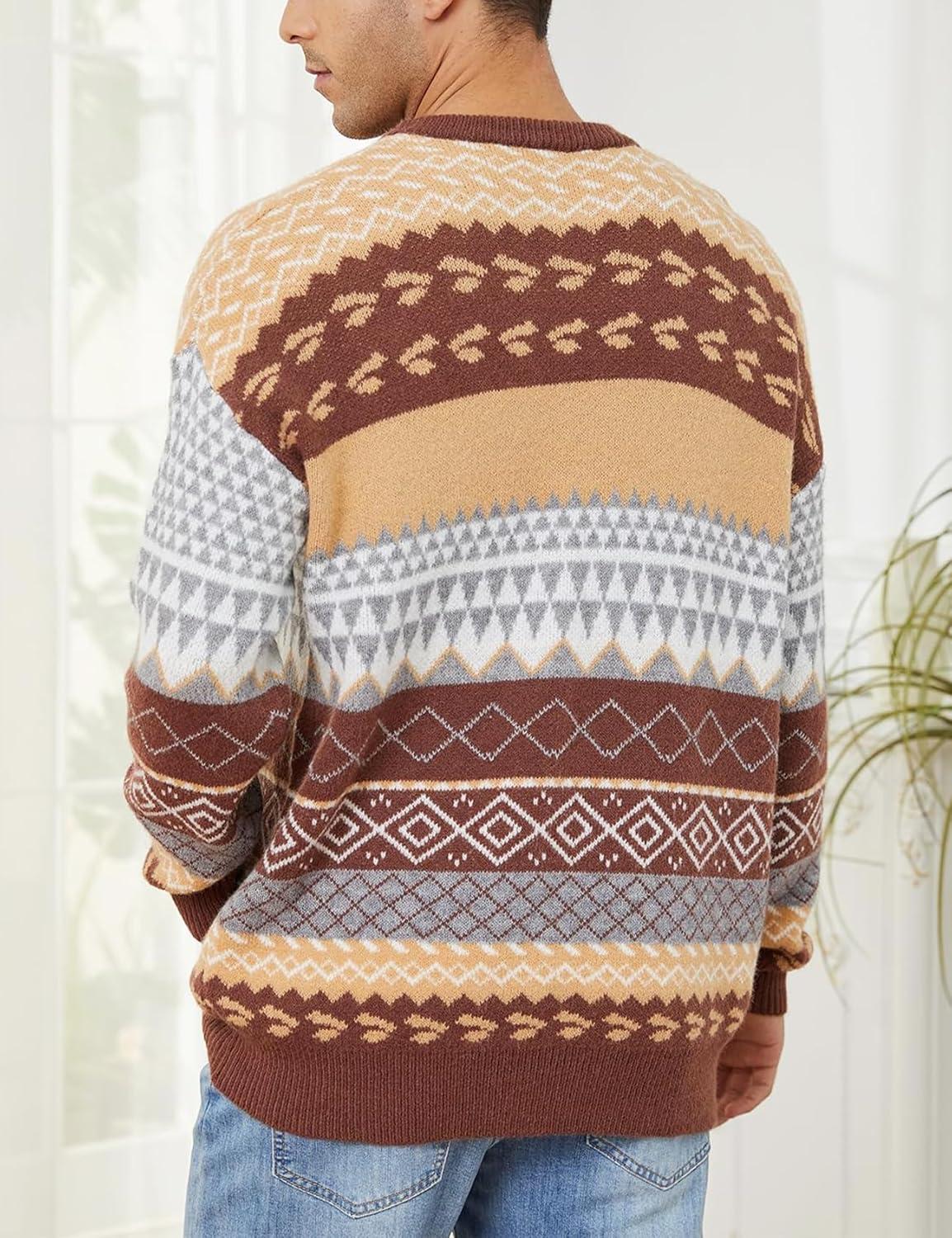 Arssm Mens Vintage Sweater Grandpa Oversized Cable Knit Crewneck Pullovers Casual Long Sleeve Striped Sweater(Brown)